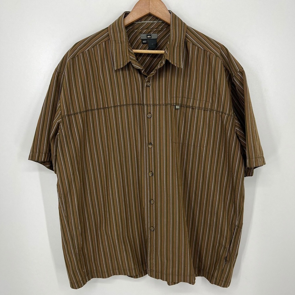 REI Mens XL Brown Striped Short Sleeve Button Up Shirt UPF 50+